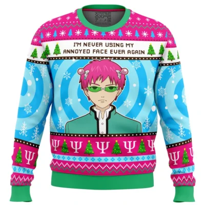 Im Never Using The Disastrous Life of Saiki K Ugly Christmas Sweater FRONT mockup - Saiki K Merch