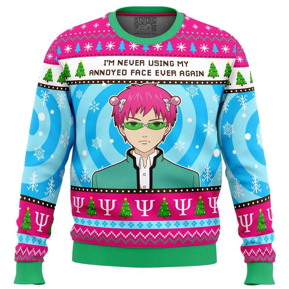 Im Never Using The Disastrous Life of Saiki K Ugly Christmas Sweater FRONT mockup - Saiki K Merch